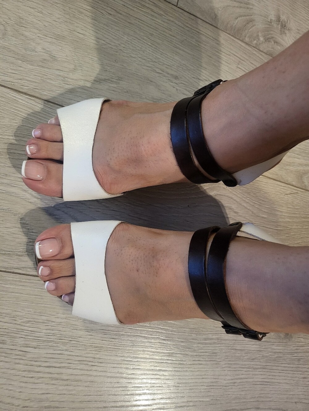 White and Dark Brown Leather Ankle-Strap Women's Sandals